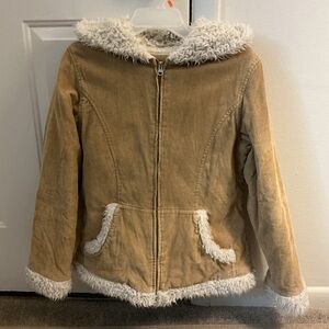 Seventy Seven Beige Zip-Up Corduroy Hoodie Jacket – Faux Fur Trim